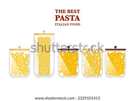 Italian-type pasta and macaroni restaurant menu in the jar, delicious pasta vector illustration, flat cartoon style, hand-drawn banner, suitable for the menu on white background.