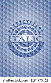 Italic blue badge with geometric pattern background.
