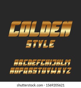 Italic bold font gold glowing glossy effect letters set, golden style modern metallic typeface
