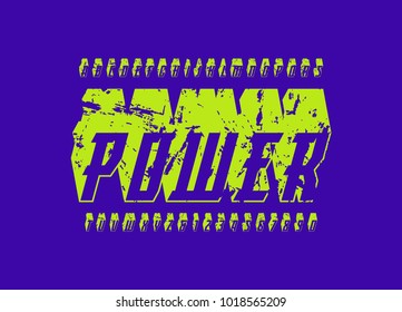 Italic bulk serif font in the sport style. Hollow letters and numbers with rough texture for logo and title design. Green print on blue background