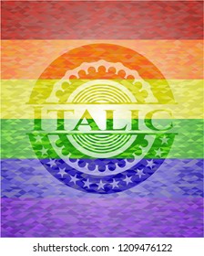 Italic emblem on mosaic background with the colors of the LGBT flag
