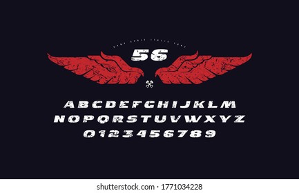 Italic extended sans serif font. Print on t-shirt with rough texture. Color print on black background
