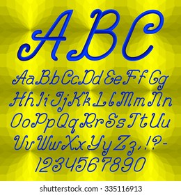 Italic font of curved hexagonal rods. Alphabet of ornate capital and lowercase letters with digits and punctuation marks.