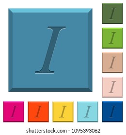 Italic font type engraved icons on edged square buttons in various trendy colors