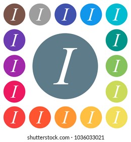 Italic font type flat white icons on round color backgrounds. 17 background color variations are included.