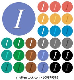 Italic font type multi colored flat icons on round backgrounds. Included white, light and dark icon variations for hover and active status effects, and bonus shades on black backgounds.