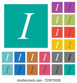 Italic font type multi colored flat icons on plain square backgrounds. Included white and darker icon variations for hover or active effects.