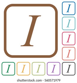 Italic font type simple icons in color rounded square frames on white background