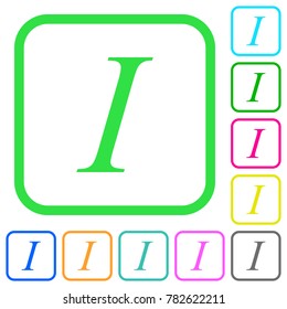 Italic font type vivid colored flat icons in curved borders on white background