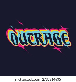 Italic Gothic Style Typography of 'Outrage' in Burning Chromic Color with Shifted Glitters in Dark Blue Background