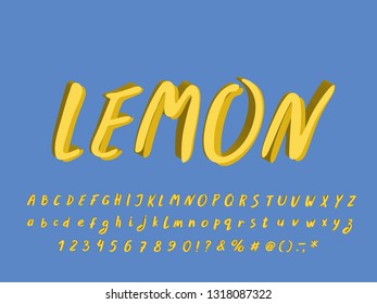 Italic hand brush Alphabet, bright yellow lemon color style. Vector letters and numbers