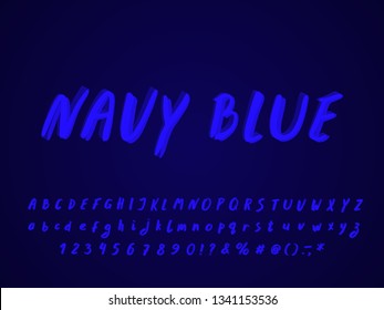 Italic hand brush Alphabet, Navy Blue color. Vector letters and numbers