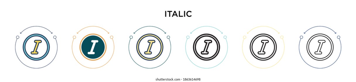 Italic icon in filled, thin line, outline and stroke style. Vector illustration of two colored and black italic vector icons designs can be used for mobile, ui, web