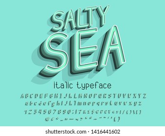 Italic layered Alphabet. Vector 3d retro typeface, aquamarine color. English uppercase and lowercase letters, numbers, symbols.