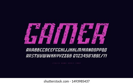 Italic narrow sans serif font in cyber style. Letters and numbers with vintage texture for logo and title design. Print on black background