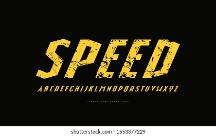 Italic narrow sans serif font in sport style. Letters with rough texture for logo and emblem design. Yellow print on black background