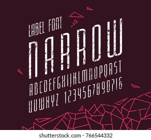 Italic narrow sans serif font. Letters and numbers with rough texture for logo and label design. Print on black background