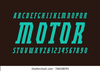 Italic narrow serif font in military style. Letters and numbers for logo and headline design. Green print on black background