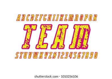 Italic narrow serif font with rust texture. Letters and numbers for logo and headline design. Color print on white background