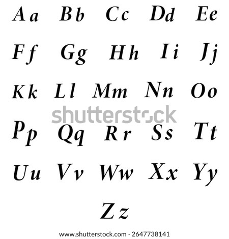 Italic rounded font. Slanted letter design. Elegant serif alphabet. Vector character table.