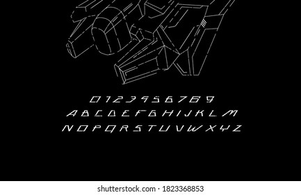 Italic sans serif font in futuristic style. Letters and numbers with rough texture for sci-fi, military, cosmic logo and title design. White print on black background