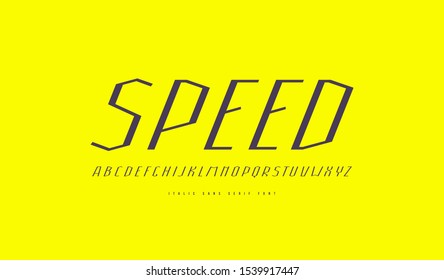 Italic sans serif font in sport style. Thin line typeface. Letters for logo and title design. Print on yellow background