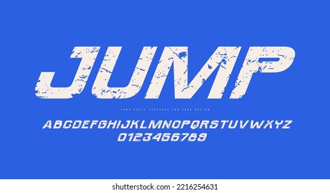 Italic sans serif font in sport style. Letters and numbers with rough texture for label and emblem design. Vector illustration