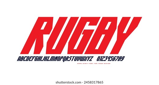 Italic sans serif font in sport style. Rectangular letters and numbers for emblem design. Color print on white background