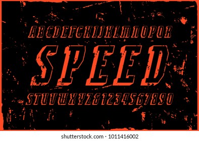 Italic serif bulk font in the sport style. Letters and numbers with rough texture for logo and emblem design