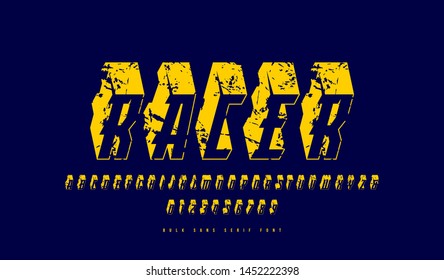 Italic serif bulk font in the sport style. Letters and numbers with vintage texture for logo and title design. Yellow print on dark blue background