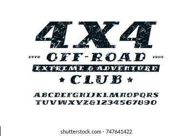 Italic serif font and off-road club emblem. Letters and numbers with rough texture for logo and title design. Print on white background