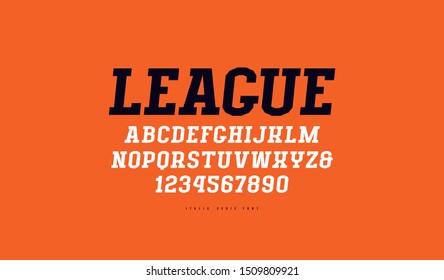 Italic serif font in sport style. Letters and numbers for titles and logo design. Print on red background