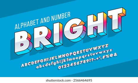 Italic silver bold 3d font with bright gradient. Gradient Colored alphabet with big, small letters, symbols and numbers