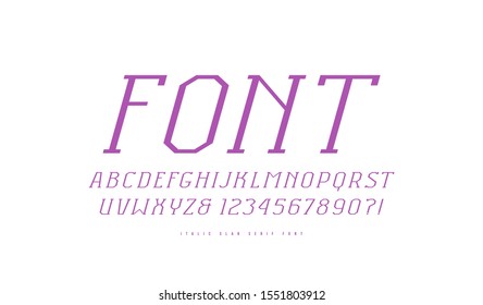 Italic slab serif font in the sport style. Thin line typeface. Letters and numbers for logo and title design. Isolated on white background