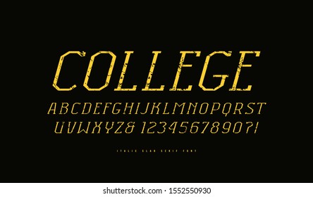 Italic slab serif font in the sport style. Thin line typeface. Letters and numbers with rough texture for logo and title design. Yellow print on black background