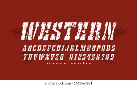 Italic stencil-plate slab serif font in the western style. Letters and numbers with vintage texture for logo and title design