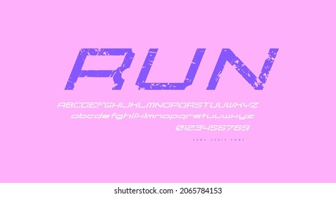Italic wide sans serif font in cyber style. Letters and numbers with rough texture for sci-fi logo and emblem design. Vector illustration