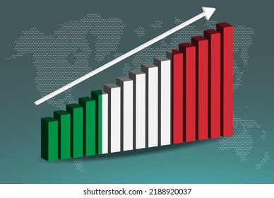 Italy 3D bar chart graph vector, upward rising arrow on data, country statistics concept, Italy country flag on 3D bar graph, increasing values, news banner idea