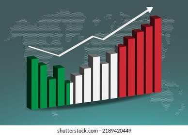 Italy 3D bar chart graph with ups and downs, increasing values, Italy country flag on 3D bar graph, upward rising arrow on data, news banner idea, developing country concept