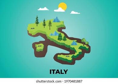 Italy 3d isometric map with topographic details mountains, trees and soil vector illustration design