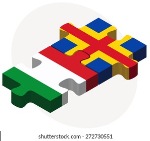 Italy and Aaland Islands Flags in puzzle isolated on white background

