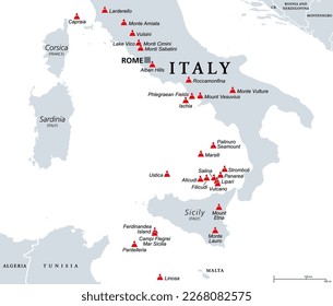 Italien, aktive und ausgestorbene Vulkane, politische Landkarte. Aktive, ruhende und unterseeische Vulkane in Italien, einem sehr aktiven Vulkanstaat mit den einzigen aktiven Vulkanen auf dem europäischen Festland.