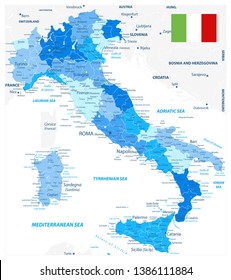 Italy Administrative Divisions Map Blue Colors - Highly Detailed Vector Illustration of Italy Map - Image contains layers with administrative divisions map, land names, city names.