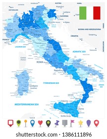 Italy Administrative Divisions Map Blue Colors and Flat Map Icons - Highly Detailed Vector Illustration of Italy Map