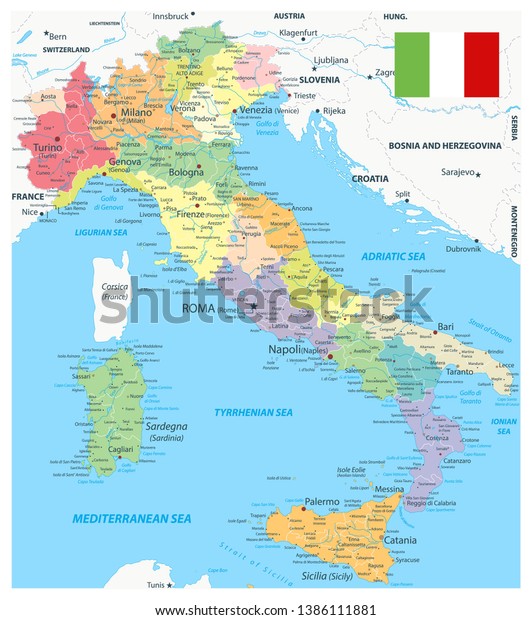 イタリアの行政区画マップ イタリアの地図の詳細なベクターイラスト イメージには 管理区画マップ 地名 都市名 水のオブジェクト 名前を含む画層が含まれます のベクター画像素材 ロイヤリティフリー