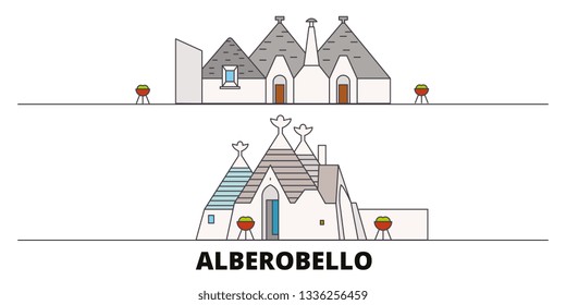 Italy, Alberobello  flat landmarks vector illustration. Italy, Alberobello  line city with famous travel sights, skyline, design. 