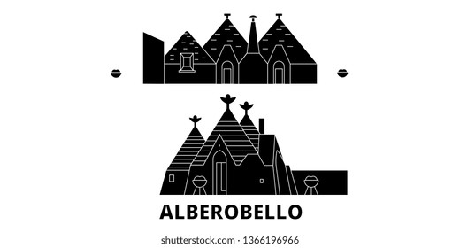 Italy, Alberobello  flat travel skyline set. Italy, Alberobello  black city vector illustration, symbol, travel sights, landmarks.