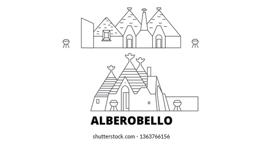 Italy, Alberobello  line travel skyline set. Italy, Alberobello  outline city vector illustration, symbol, travel sights, landmarks.