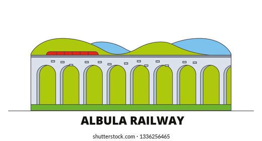Italy, Albula Railway flat landmarks vector illustration. Italy, Albula Railway line city with famous travel sights, skyline, design. 