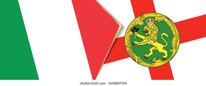 Italy and Alderney flags, two vector flags symbol of relationship or confrontation.